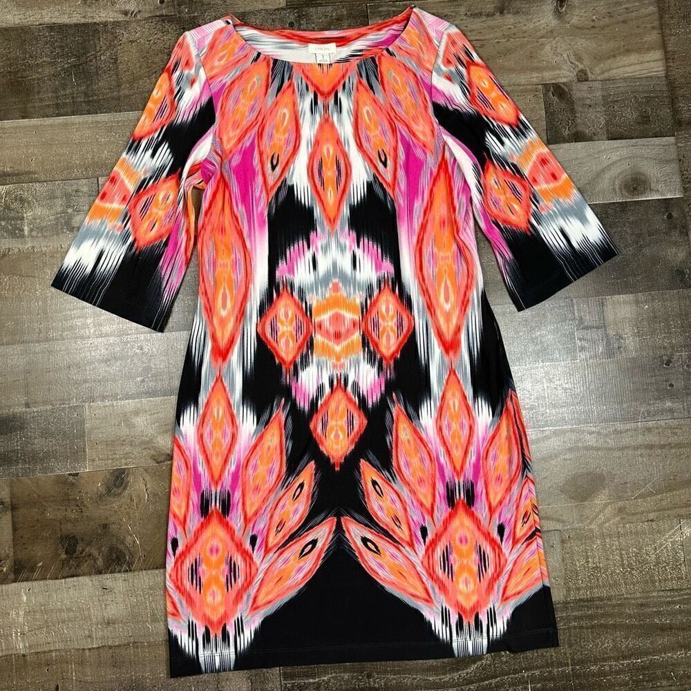 Chicos Womens Size 1 Medium Shift Dress Black Orange Pink 3/4 Sleeve Knee Length